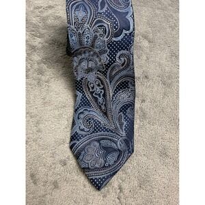 Neiman Marcus Mens Silk Necktie Blue Paisley Hand Made Woven Formal Tie